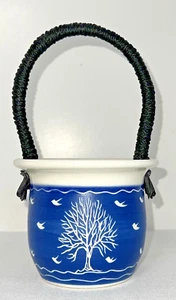 Nancy Bishop Studio Pottery: Porcelain Basket/Corded Raffia Handle,Trees & Birds - Picture 1 of 12