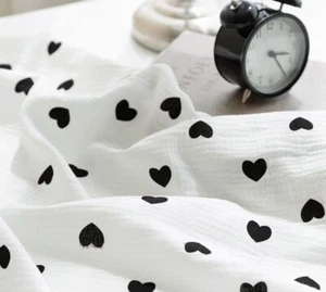 Heart Print Cotton Gauze Fabric Bio-Washed Korean Designer Material 53"W - Picture 1 of 9