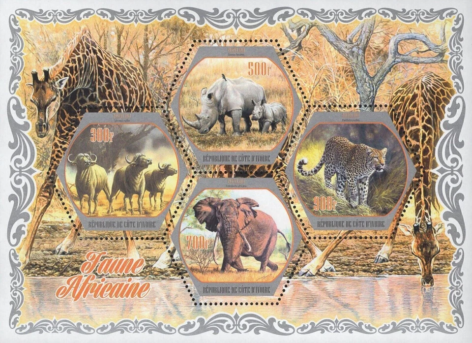 Fauna africana rinoceronte pantera jirafa elefante Sov. Hoja de 4 estampillas MNH Foto 1 de 4