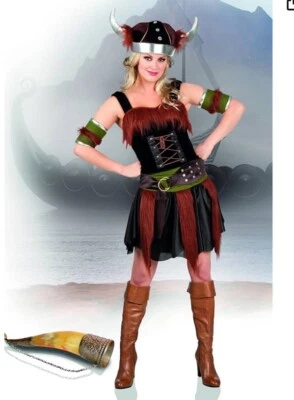 Damas Disfraz Vikingo Guerrero Nórdico Vestido Elegante Conjunto Adultos Foto 1 de 3