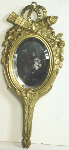 Antique French Gilt Bronze Hand Mirror Wall Hanger Louis XVi Torch Arrows Ornate Cover