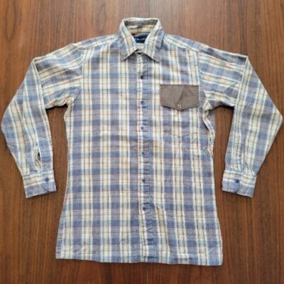 JC Penney Vintage 80s Brushed Flannel Shirt Small Beige Blue Plaid - Image 1 of 4