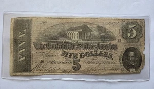1864 $5 Confederate States of America Five Dollar Bill Civil War Richmond Note - Picture 1 of 8