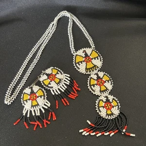 Vintage Native American Thunderbird Rosette Seed Bead Necklace/Pierced earrings - Picture 1 of 18