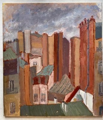 Современная (MCM) картина маслом середины века парижские крыши городской пейзаж французское искусство - Изображение 1 из 4