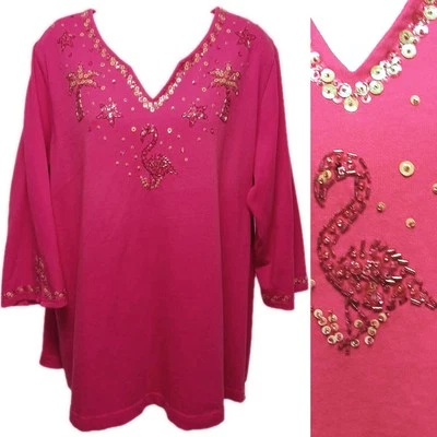 Quacker Factory Plus Size 1X Pink Knit Pullover Sweater Sequins Flamingo 3/4 Slv - Image 1 of 4