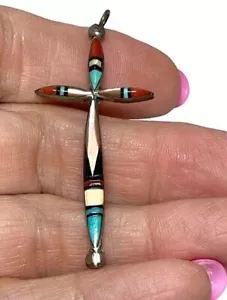 Marked Zuni 925 Sterling Inlay Cross Pendant Adeline Turquoise Coral—Read - Picture 1 of 15
