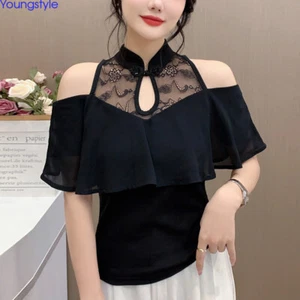 Camicia donna pizzo patchwork chiffon arricciatura spalla fredda doppio lato indossare top - Foto 1 di 14