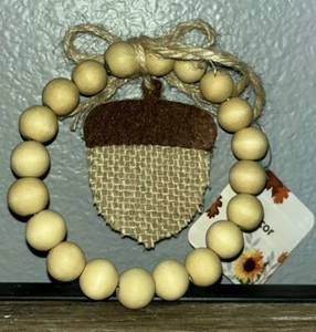 Acorn Fabric Wood Bead Wreath/ Ornament Fall Autumn Harvest Farmhouse Decor NEW - Picture 1 of 3
