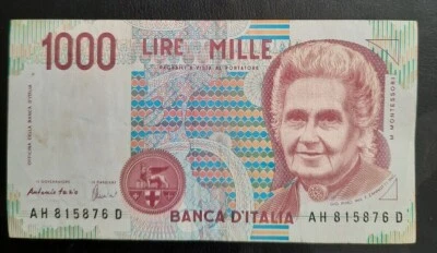 Italia 1990, 1000 Liras Mille, 3 Ottobre90, Billete,M.MONTESSORI,Circulado  Foto 1 de 2