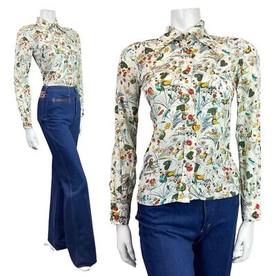 VINTAGE 60s 70s WHITE GREEN RED FLORAL GARDEN BIRD BUTTERFLY MOD DAGGER SHIRT 8 - Image 1 of 4