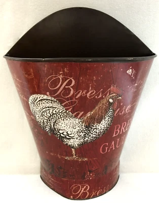 Metal Wall Pocket Vase Distressed Red With White Rooster French 11" Tall X 12" - Image 1 of 4