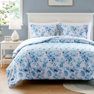 Queen Duvet Cover Set, Vintage Floral & Stripes Design, Solid Reverse, All Seaso - Picture 1 of 7