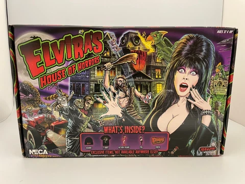 NECA Elvira's House of Horrors Box XL Action Figure, Beanie, Shirt, Pin, Patch Cover