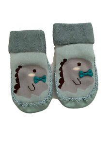 Scoway Baby Non-Skid Cotton Sock Moccasin Dinosur Blue Size 0-6 Months 4480
