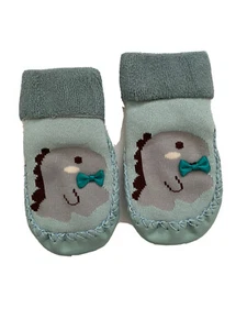 Scoway Baby Non-Skid Cotton Sock Moccasin Dinosur Blue Size 0-6 Months 4480 - Picture 1 of 2