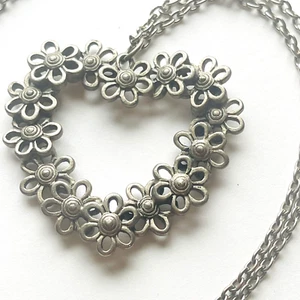 Pewter Heart Pendant Necklace Flowers Floral 3D Long 30" Silver Tone Cable Chain - Picture 1 of 11