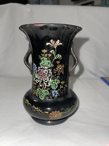 Vintage Floral Black Embossed Hand Painted Vase “Made In Japan” 5 Inch Tall - Picture 1 of 7