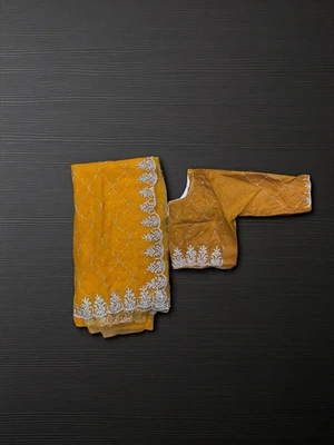 Designer Net Saree com Blusa Pronta, Uso Cultural Feminino, Aug40 - Imagem 1 de 4