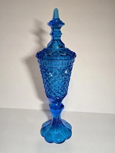 Indiana Diamond Point blau Glas Apotheker Bonbonglas & Deckel 15,25" groß Vintage - Bild 1 von 20