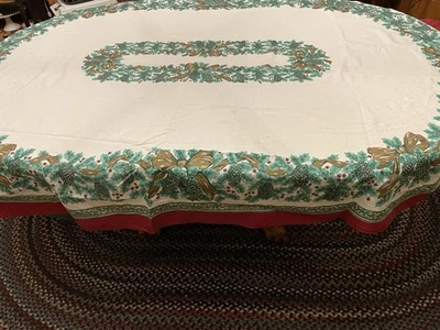 Christmas Tablecloth ~Pinecones, Holly & Gold Bows Oval 60 X 72 EUC - Image 1 of 4