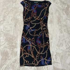 Lauren Ralph Lauren Dress Womens 10 Black Equestrian Chain Print Sheath Ruched - Picture 1 of 8