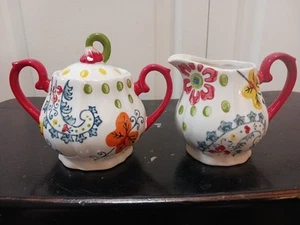 New Pier 1 "Paisley" Sugar Bowl W Lid & Creamer White W Red Blue Yellow Orange - Picture 1 of 13