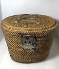Vintage ~ Nantucket Style Woven Wicker Basket Hinged Lid Fish Metal Clasp Handle