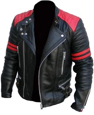 CLARA MEN'S BRANDO CLASSIC RED AND BLACK GENUINE LEATHER BIKER CAFE RACER JACKET