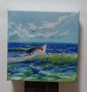 Art 6"/6" Oil painting. Ocean Cat .Seascape, Wave , Landscape, Stretched Canvas - Picture 1 of 4