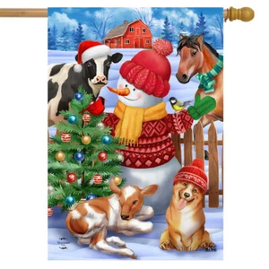 Barnyard Snowman Christmas House Flag Dog Horse Cow Calf 28"x40" Briarwood Lane - Picture 1 of 4