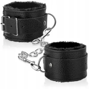 BDSM Wrist Restraints – Faux Leather & Soft Fur Cuffs with Chain - Picture 1 of 7
