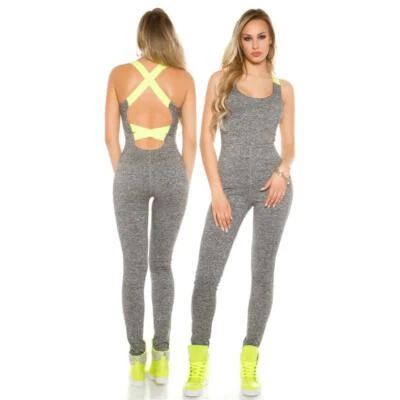 Trendiger Workout Overall Jogginganzug Sportswear Grau meliert-Neon Gelb #SW166 - Bild 1 von 4