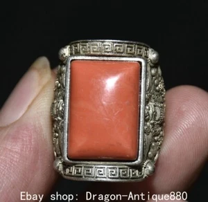 1.2" Rare Ancient Chinese silver inlay Coral stone bat pattern Dynasty Ring - Picture 1 of 6