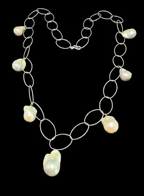 Colar barroco pérola prata esterlina argolas ovais corrente vintage 30 polegadas  - Imagem 1 de 4