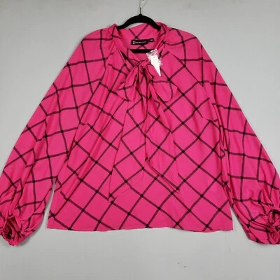 NY&C Blouse Top Women XXL Pink Black Stripe Plaid Chiffon Puff Sleeve Neck Tie - Image 1 of 4