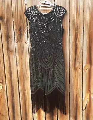 Fundaisy 1920's Flapper Dress ~ Emerald Green, Black Sequin ~ Medium ~ New #F72 - Image 1 of 4