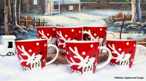 CRATE & BARREL REINDEER MUGS (6) -NEW- IT’S TIME TO SLEIGH BLAH TABLE SERVICE! - Picture 1 of 7