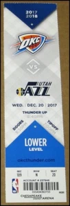 12/20/2017 Oklahoma City Thunder vs Utah Jazz Ticket Russell Westbrook George - Picture 1 of 3