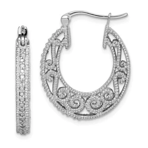 Sterling Silver Rhodium with Diamond Hinged Hoop Earrings Gift for Mother - Picture 1 of 4