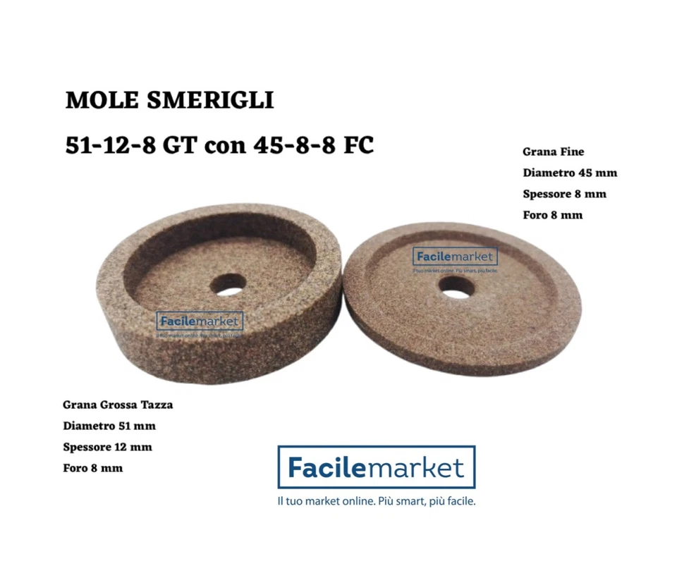 FACILEMARKET Coppia mole smerigli per affettatrice 51-12-8 GT con 45-8-8 FC