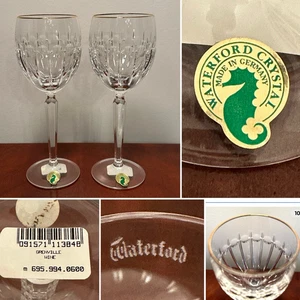 New w/ Tags 2 WATERFORD CRYSTAL Grenville Gold Rimmed 8" Wine Goblets/Glasses - Picture 1 of 12