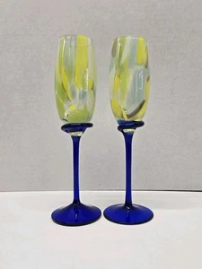 PAIR Hand Blown Champagne Flutes Cobalt Stem with Yellow & White Confetti NWOT - Picture 1 of 6