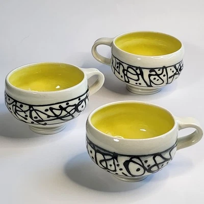 Studio Art Pottery Handmade Ceramic Mug Yellow Interior Abstract Signed Set of 3 - Image 1 of 4