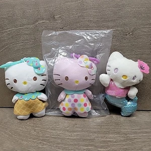 Hello Kitty Plüsch Schlüsselanhänger 3er Set Meerjungfrau gepunktet Kleid Schnee Kegel Clips - Bild 1 von 7