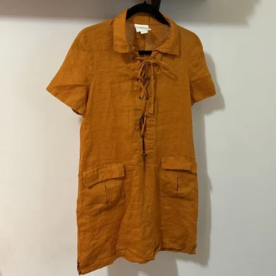 anthropologie Maeve Orange Linen Lace Up Dress Size US 6 Shift Dress Pockets - Image 1 of 4