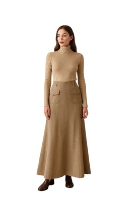 Vintage Tan Worthington Maxi Skirt Size 10 Neutral Academia Classic Flared Hem - Image 1 of 4