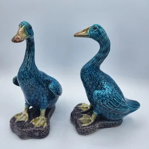 2 RARE Antique Chinese Turquoise Blue Glazed Porcelain Duck Goose Figurines - Picture 1 of 16