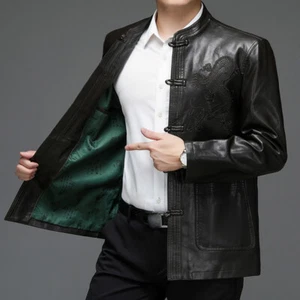 Men Faux Leather Dragon Pattern Shirt Jacket Coat Frog Button PU Top Retro Chic - Picture 1 of 13