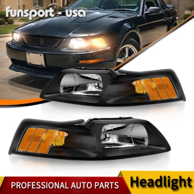 Black Amber Corner Headlights Clear Lens for 1999-2004 Ford Mustang Headlamps - Image 1 of 4